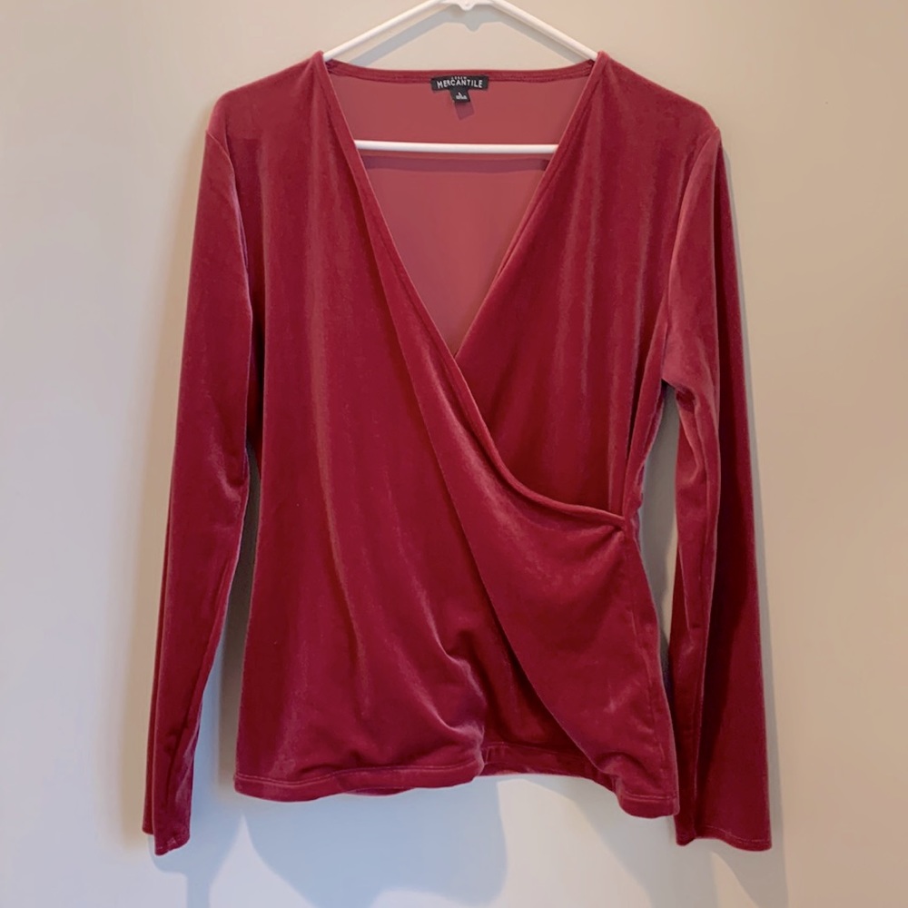 J. Crew Mercantile Red/Pink Velvet Crossover V-Neck Top